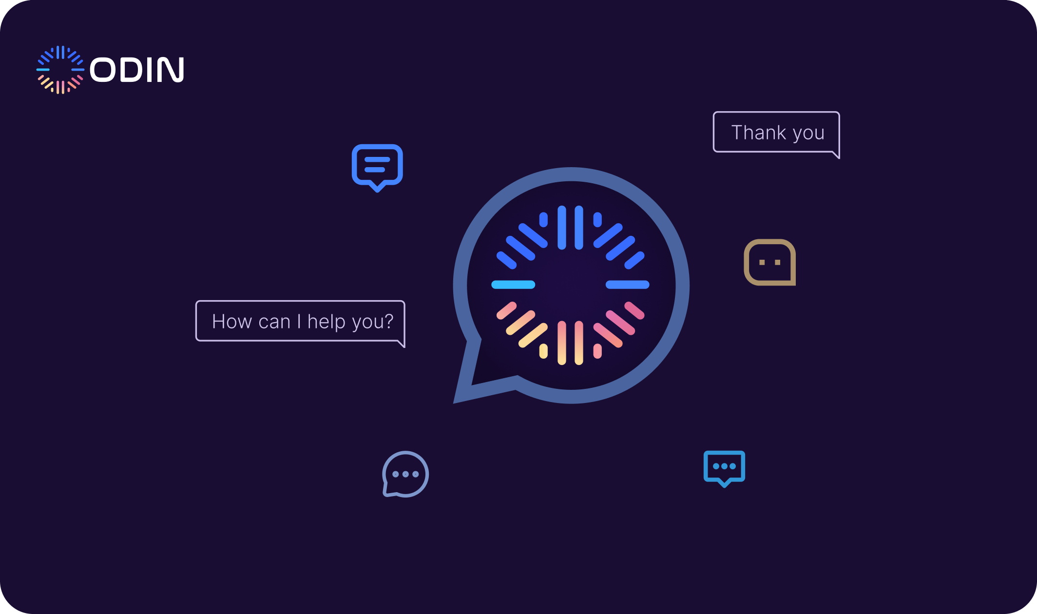 Odin AI chat interface graphic with a central chat bubble and various message icons, showcasing enhanced customer support interactions.