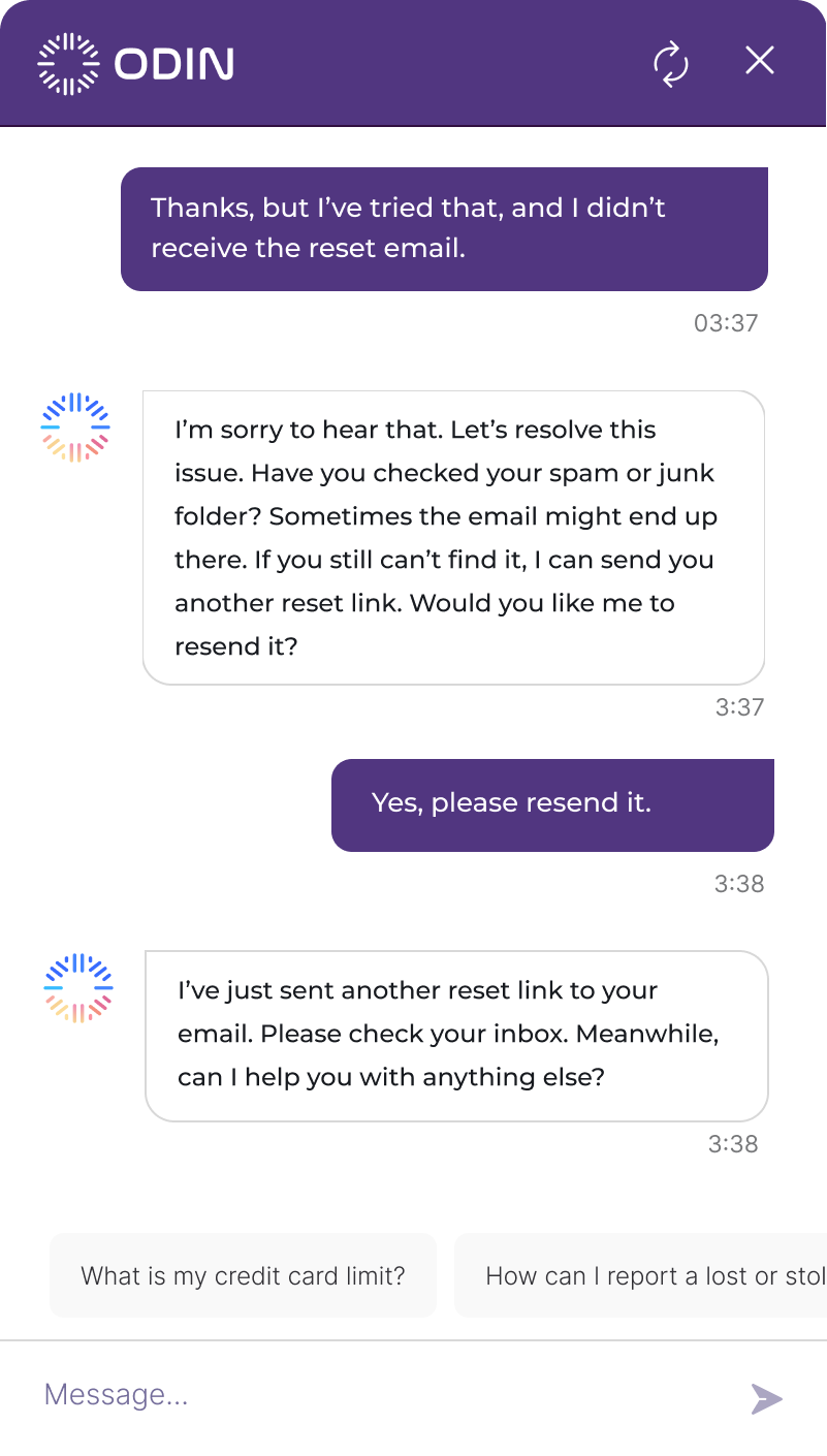 Odin AI's virtual assistant helping a customer resolve a complex issue with account access and password reset.