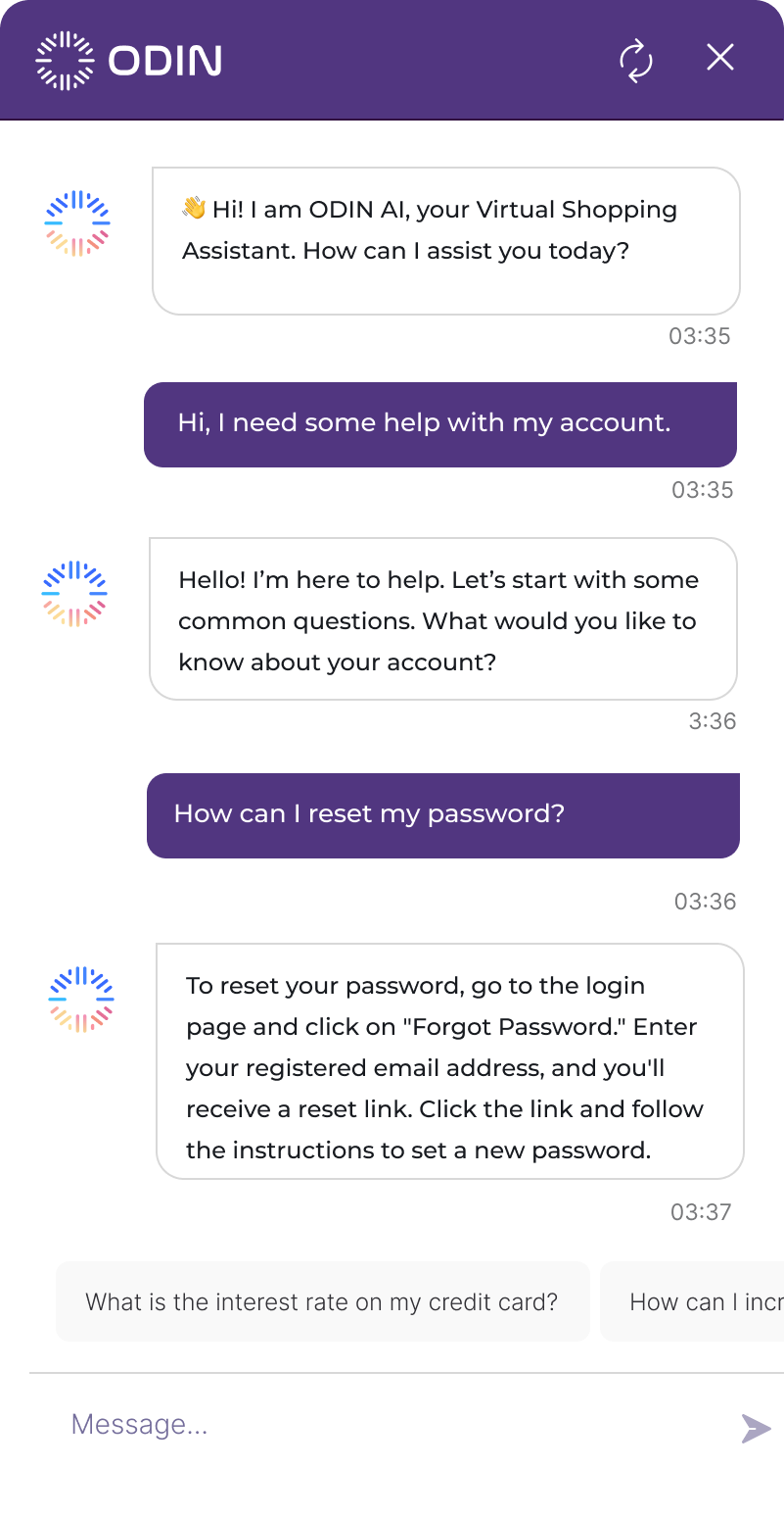 Odin AI's virtual shopping assistant automating FAQs and routine inquiries, showcasing a conversation about resetting a password.