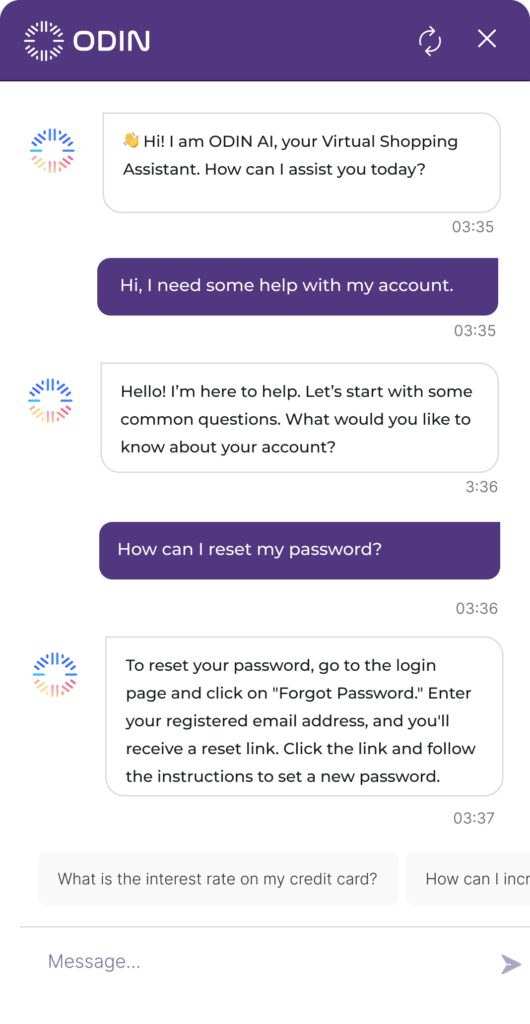 Odin AI's virtual shopping assistant automating FAQs and routine inquiries, showcasing a conversation about resetting a password.