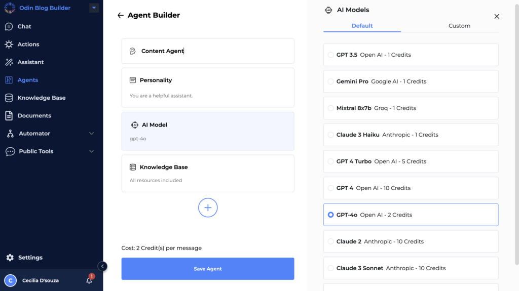 Odin AI Agent Builder interface showing options to configure content agent, personality, AI model, and knowledge base.