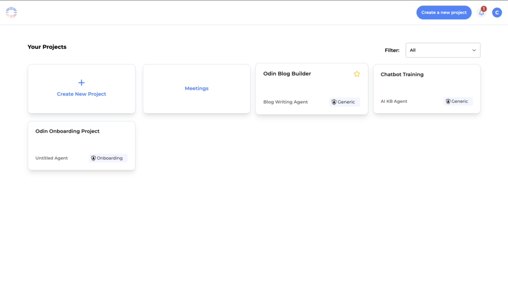Odin AI project dashboard showcasing options to create new projects, manage meetings, and view the onboarding project.