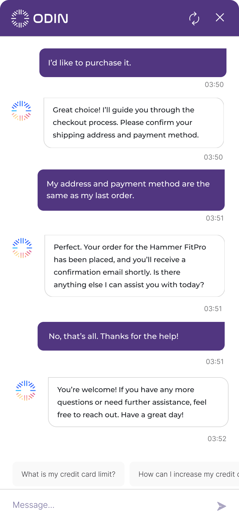 Odin AI's virtual assistant guiding a customer through the purchase process, confirming shipping address and payment method.