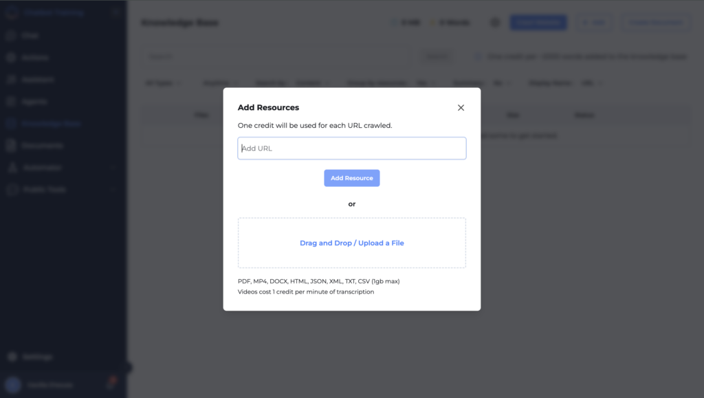 Odin AI interface for adding resources to the knowledge base, allowing users to add URLs or upload files for chatbot training and support.