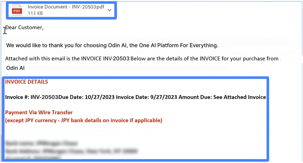 Email containing an attached invoice document with details such as invoice number, due date, and payment instructions, showcasing Odin AI's invoice validation and automation process.