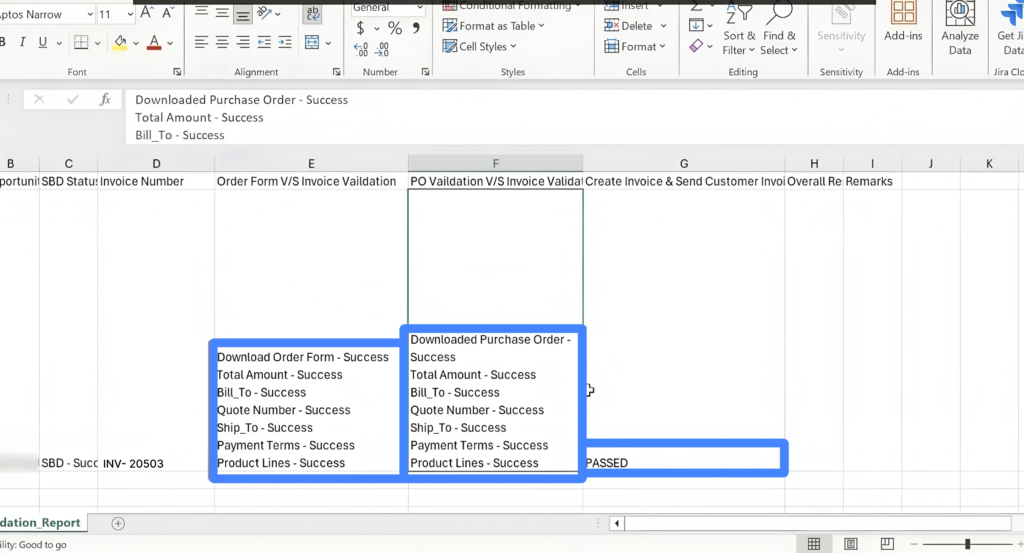 Screenshot of an Excel sheet showing the success status of various steps in the invoice validation process performed by Odin AI, including order form download, total amount validation, billing, shipping, quote number, payment terms, and product lines.