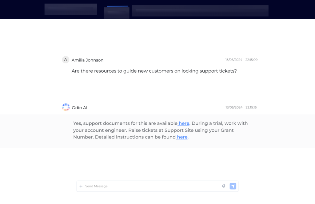 Odin AI providing guidance on locking support tickets, responding to a customer inquiry about available resources for new customers.