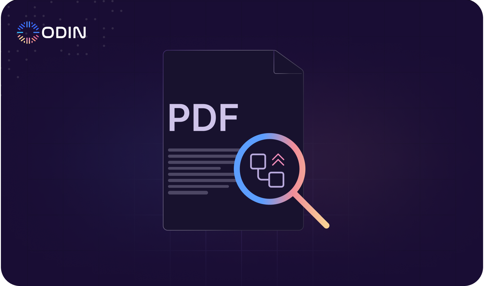 Odin AI interface showcasing PDF analysis with a magnifying glass highlighting document structure and data extraction.