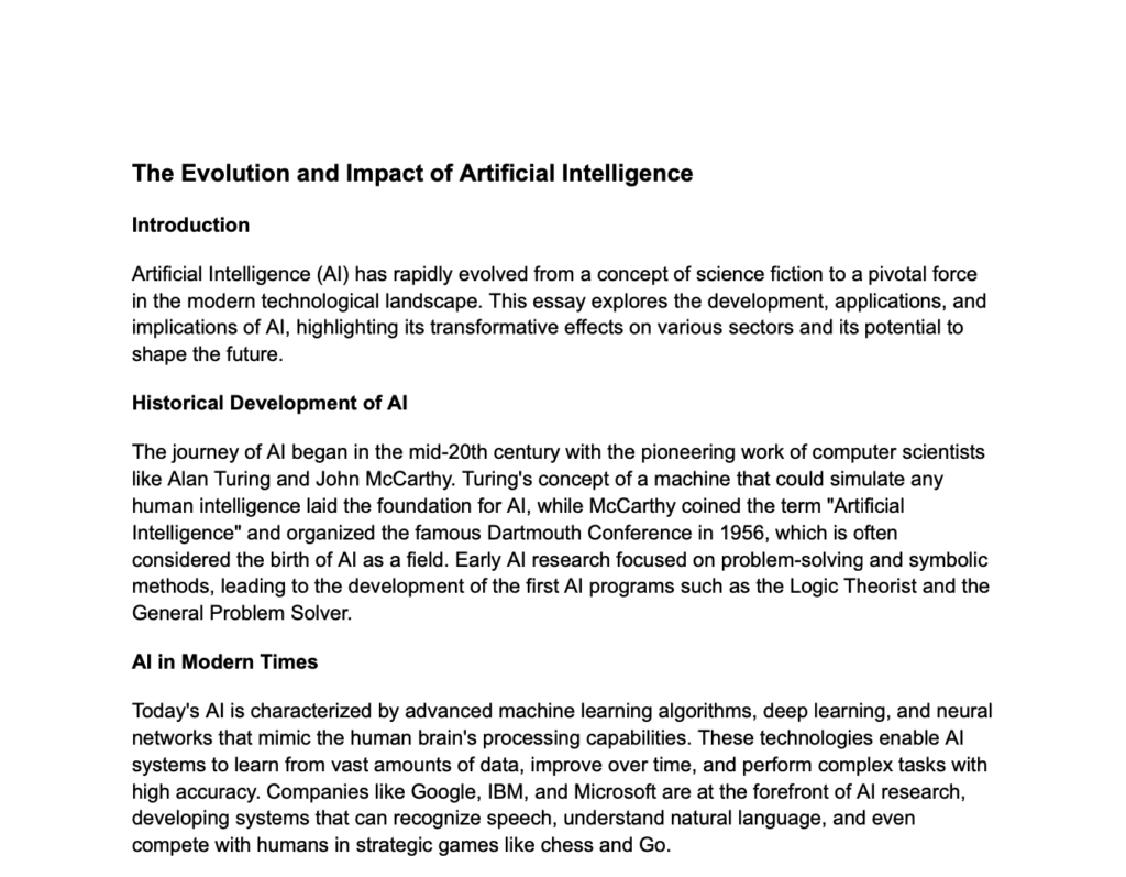Odin AI Document showcasing an essay titled "The Evolution and Impact of Artificial Intelligence," discussing the historical development and modern applications of AI.