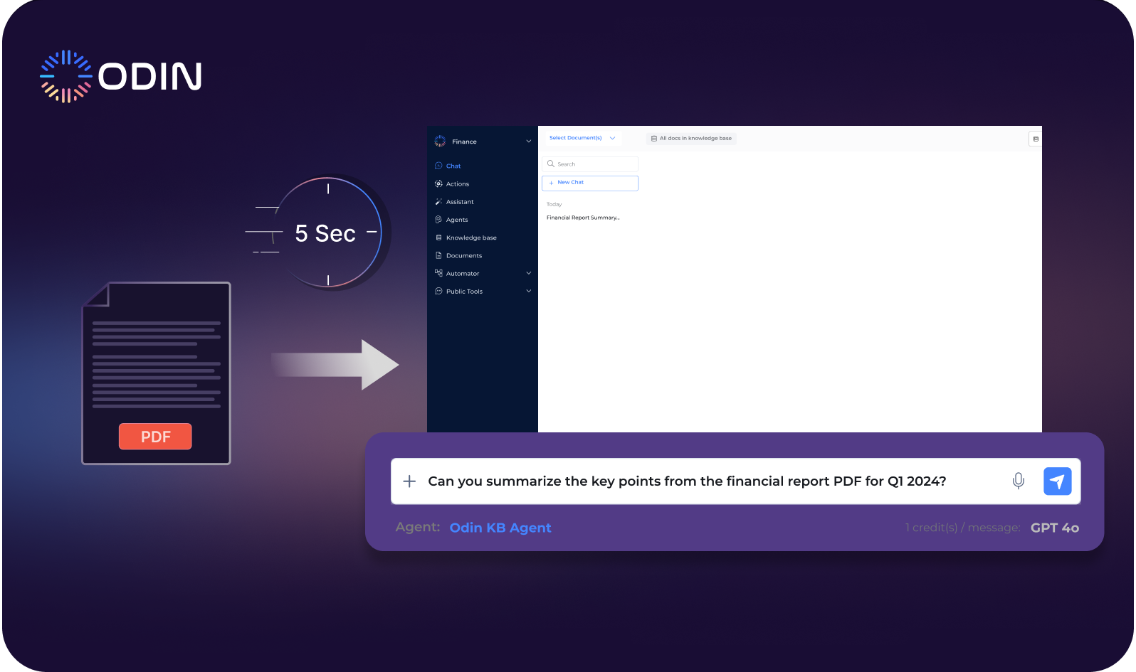 Odin AI interface demonstrating the ability to extract and summarize text from a PDF document within 5 seconds using the Odin KB Agent.