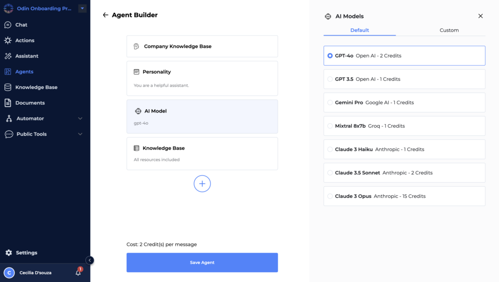 Odin AI agent builder interface displaying AI model selection options including GPT-4o, GPT-3.5, Gemini Pro, Mixtral 8x7b, Claude 3 Haiku, Claude 3.5 Sonnet, and Claude 3 Opus.