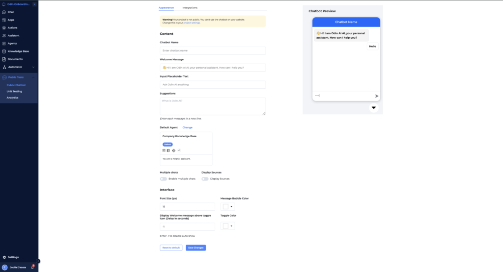 Odin AI Chatbot Builder interface displaying options to customize chatbot appearance and content, including welcome message and default agent.