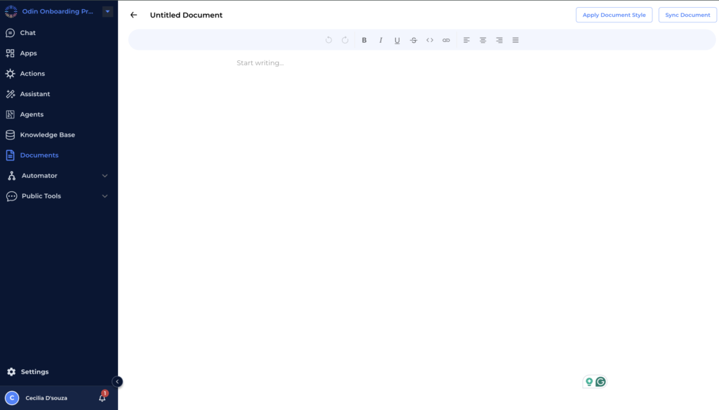 Odin AI Document Editor interface, showcasing a clean and intuitive workspace for creating and editing documents, with various formatting options available.