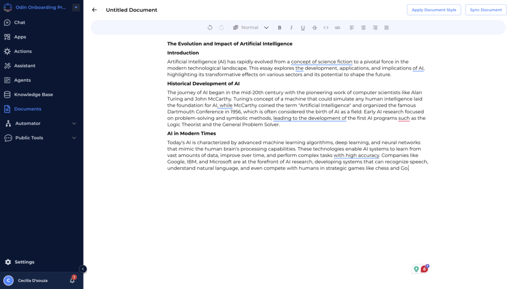 Odin AI Document Editor displaying an essay titled "The Evolution and Impact of Artificial Intelligence," highlighting the development, applications, and modern advancements in AI.