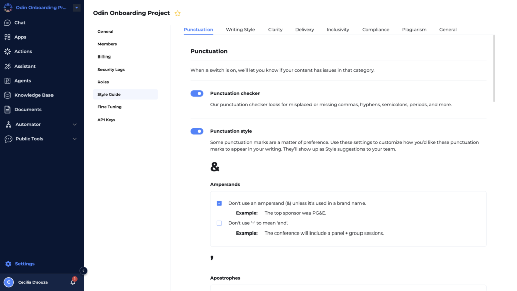 Odin AI Onboarding Project interface displaying punctuation settings in the style guide, highlighting punctuation checker and style customization options.