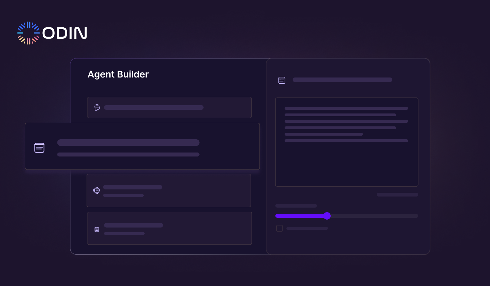 Odin AI Agent Builder interface showcasing customization options for creating AI agents with streamlined workflows.