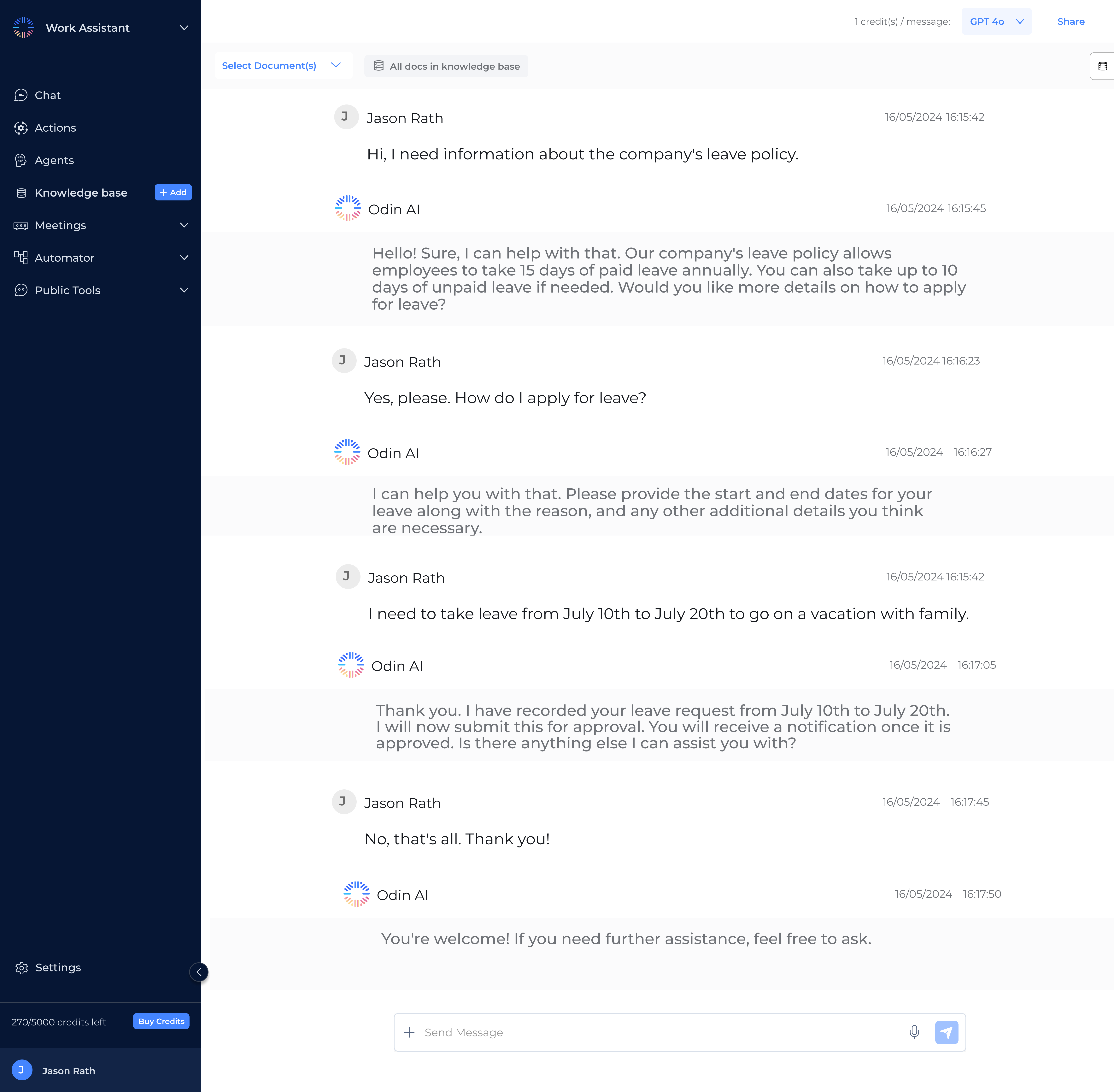 Odin AI's HR Helpdesk chatbot assisting an employee with an inquiry about the company's leave policy and processing a leave request.