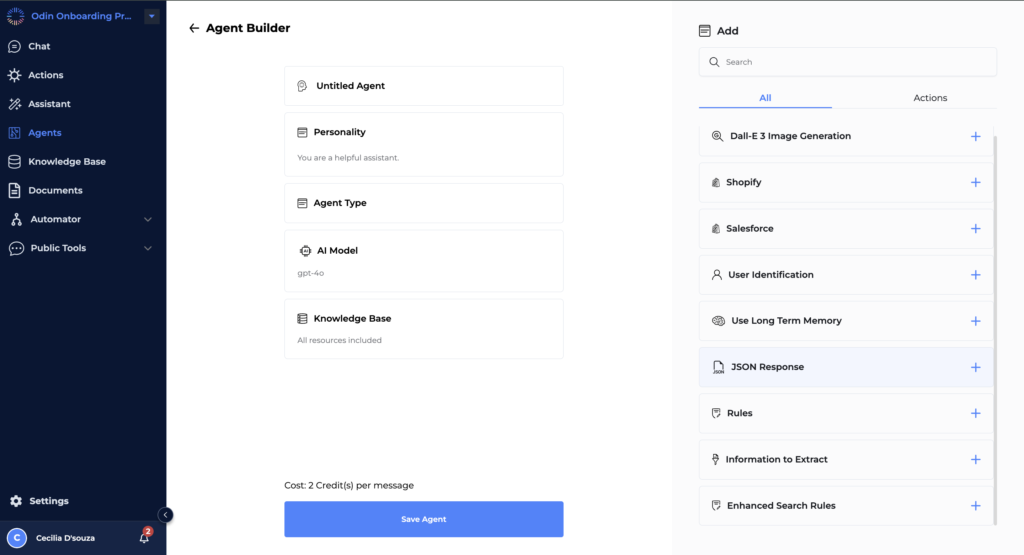 Odin AI Agent Builder interface showing various customization options such as personality, agent type, AI model, and knowledge base, with additional integrations like DALL-E 3, Shopify, and Salesforce.
