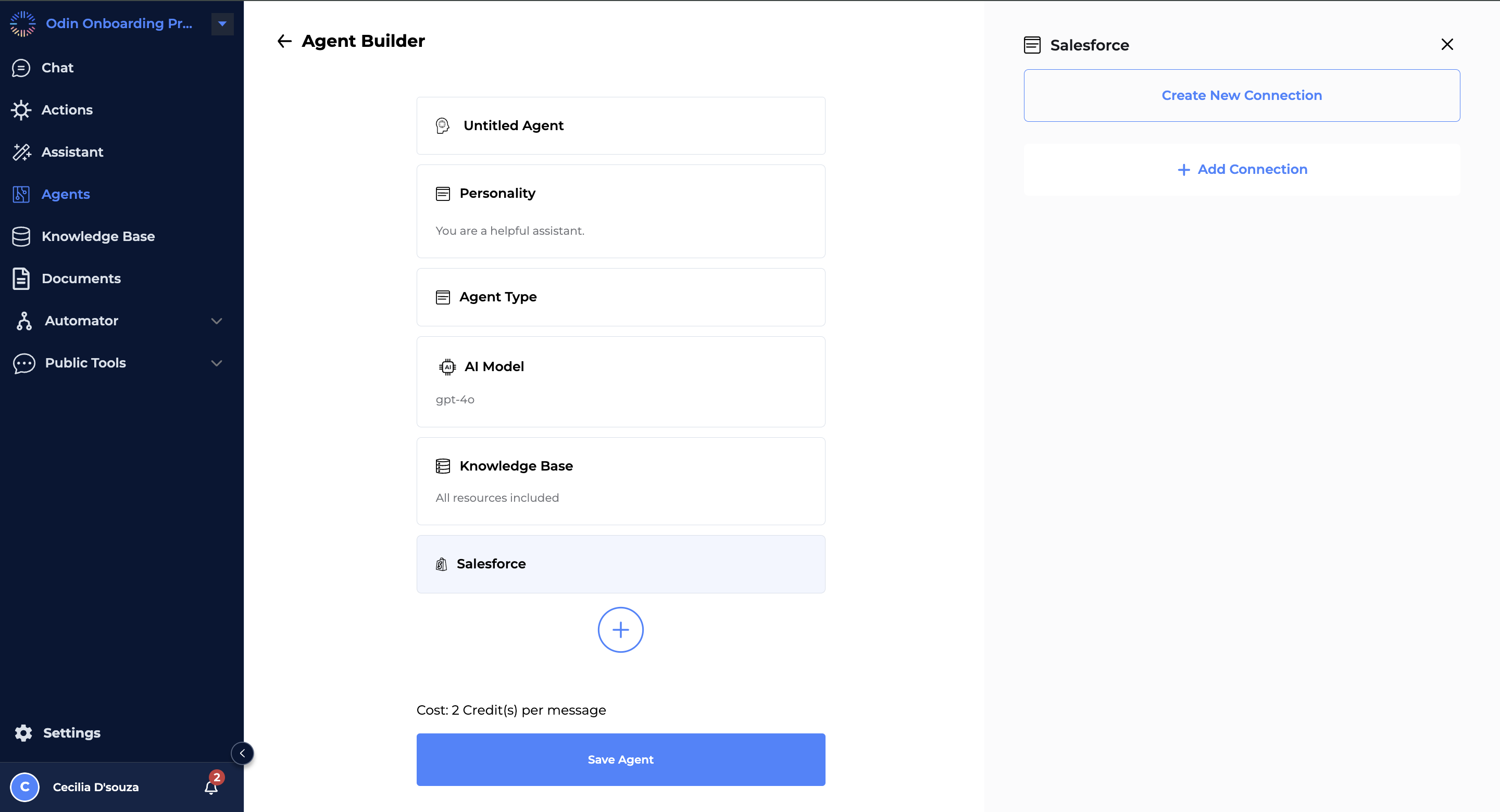 Odin AI interface showing the agent builder with an option to create a new Salesforce connection, including agent details such as personality, type, AI model, and knowledge base.