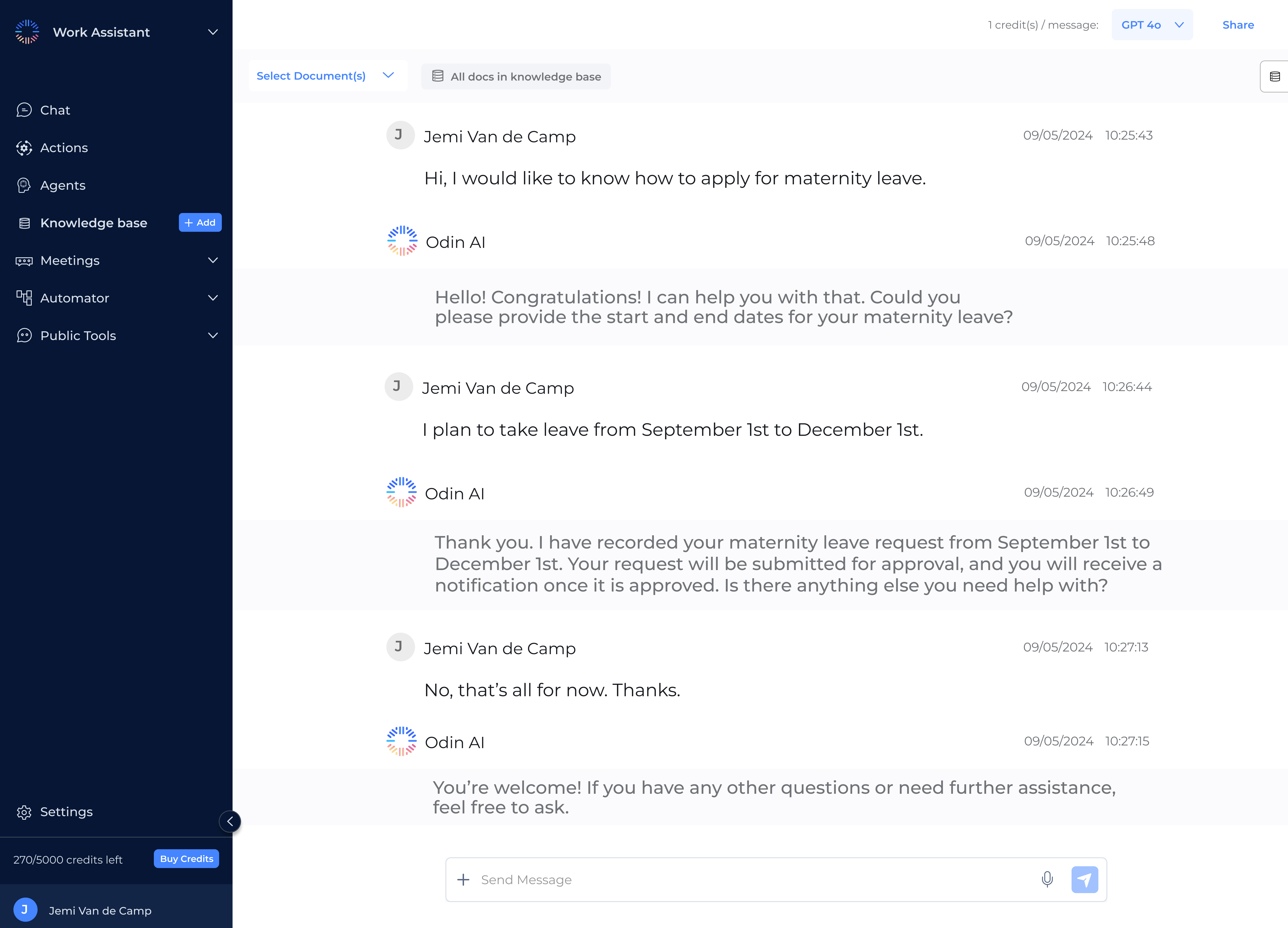 Odin AI HR chatbot assisting an employee with the process of applying for maternity leave, recording the request, and submitting it for approval.