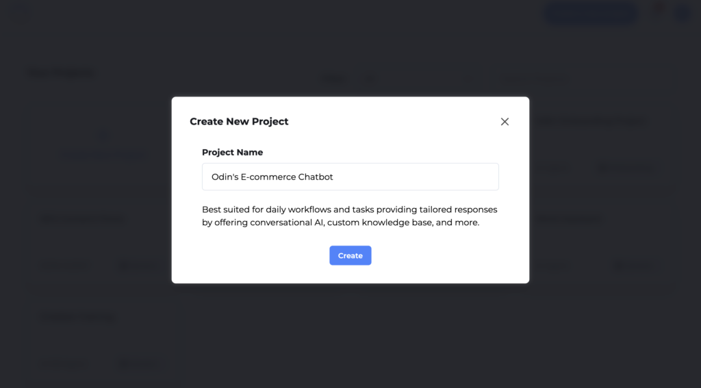 Odin AI interface showing the creation of a new project for an e-commerce chatbot designed for tailored workflows and conversational AI.