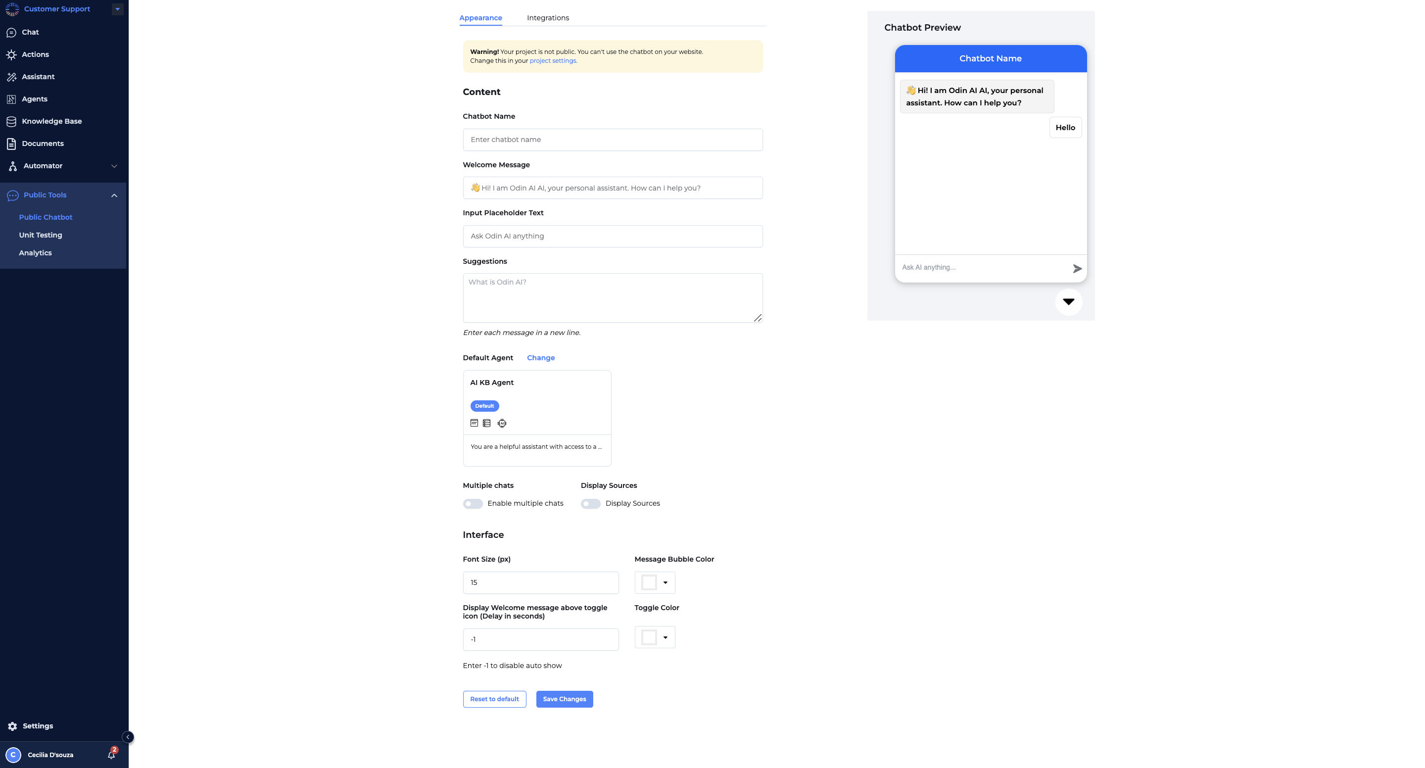 Odin AI platform's Agent Builder interface showcasing a custom Customer Support Agent creation with various configuration options.