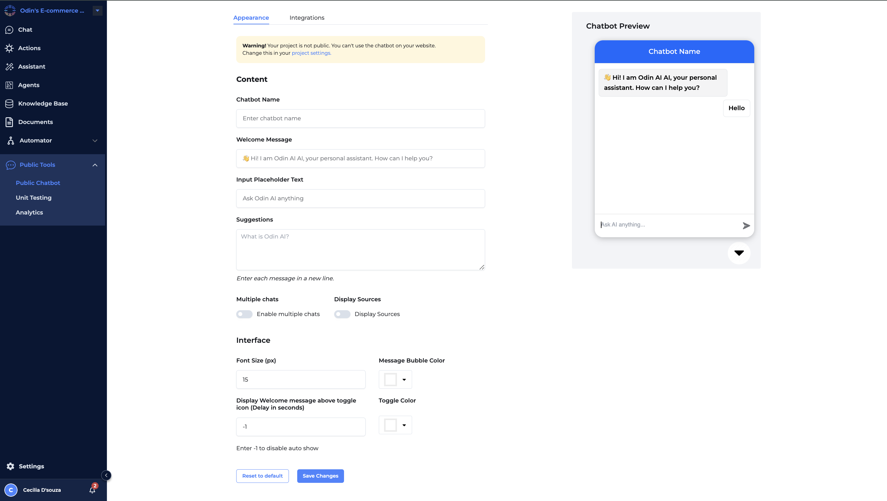 Odin AI platform's interface displaying the appearance settings for customizing a public chatbot, including fields for chatbot name, welcome message, input placeholder text, and interface customization.