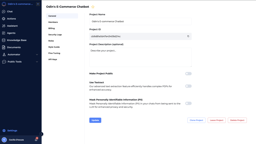 Odin AI platform displaying the project settings for an E-commerce chatbot, including options for project name, project ID, and text extraction features.
