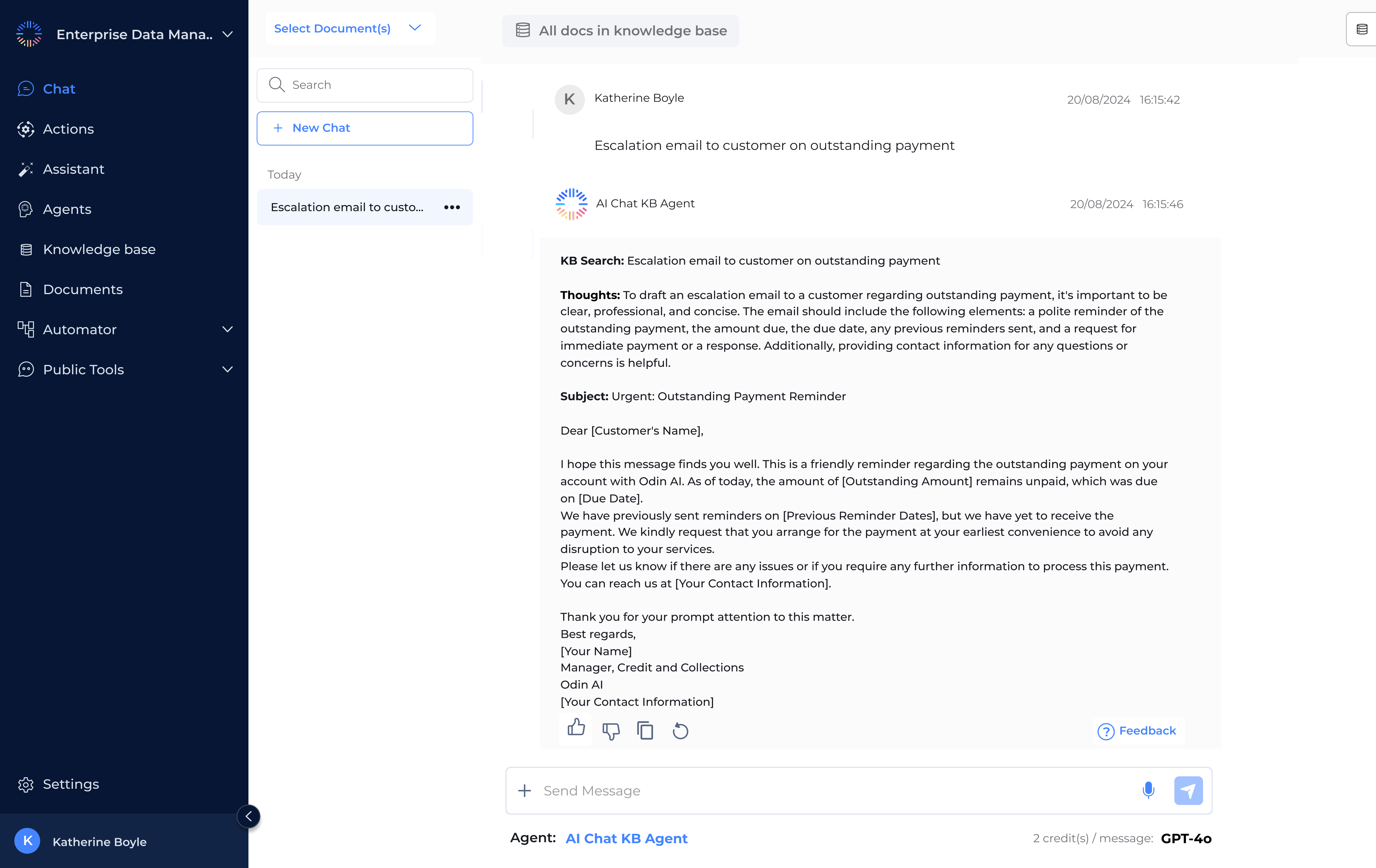 Odin AI interface showcasing an escalation email template to a customer regarding an outstanding payment, generated by AI Chat KB Agent