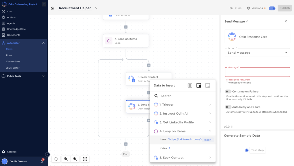 Odin AI Send Message step setup within recruitment automation flow, facilitating seamless communication with potential candidates through LinkedIn.