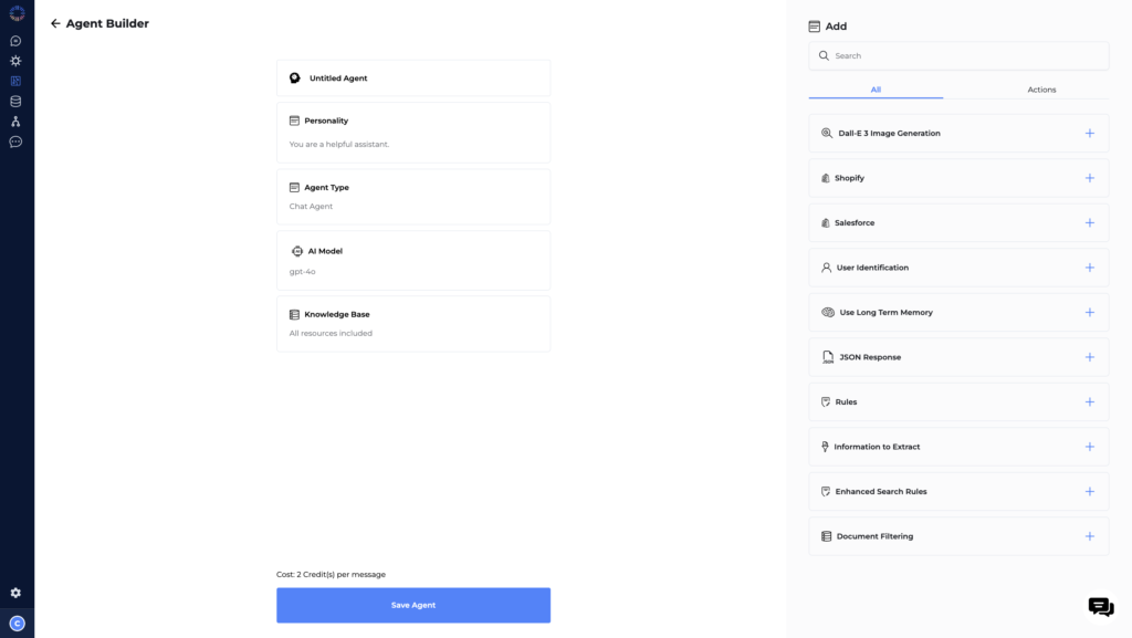 Odin AI Agent Builder interface displaying customizable agent settings including personality, agent type, AI model (GPT-4o), knowledge base, and integration options such as DALL-E image generation, Shopify, and Salesforce.