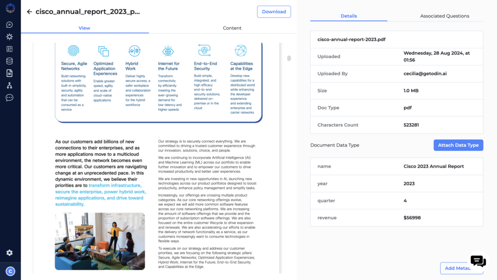 Odin AI platform showcasing the Cisco 2023 Annual Report PDF with options to attach a data type, including fields such as name, year, quarter, and revenue for structured financial data management.