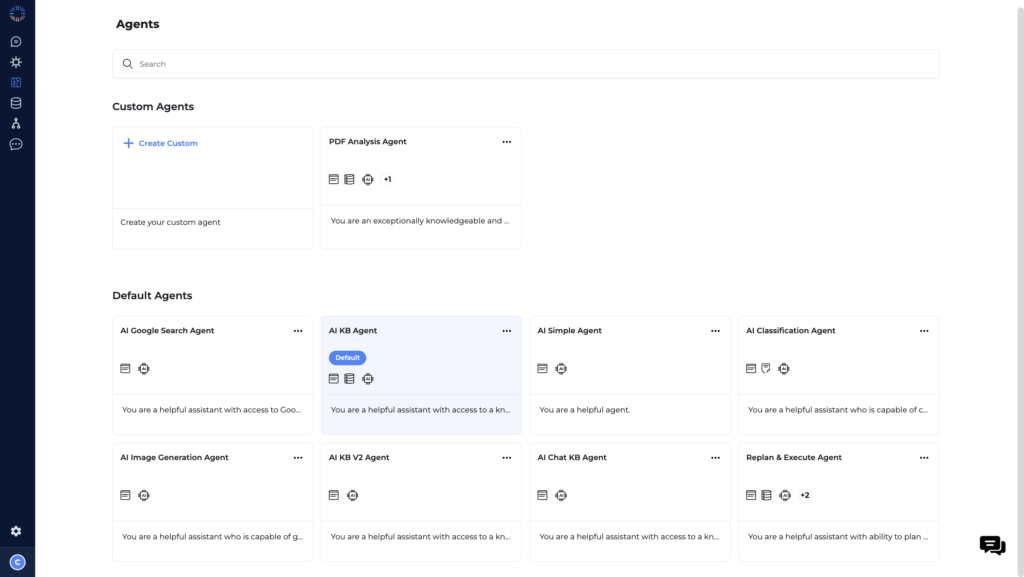 Odin AI platform displaying the agents dashboard with options for creating custom agents and managing default agents, including AI-powered tools for search, image generation, and document analysis.