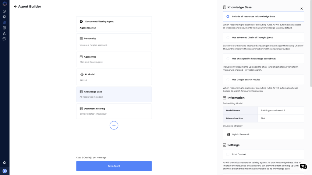 Odin AI Agent Builder interface showcasing the Knowledge Base configuration for a Document Filtering Agent setup.
