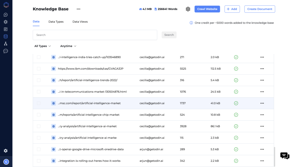 Odin AI platform displaying an organized knowledge base with various uploaded resources including articles and reports, facilitating efficient data management and retrieval.