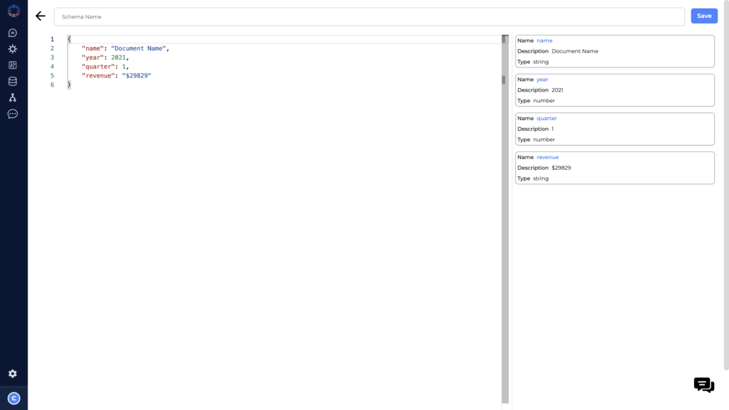 Odin AI schema builder interface for defining data structures with fields for name, year, quarter, and revenue.