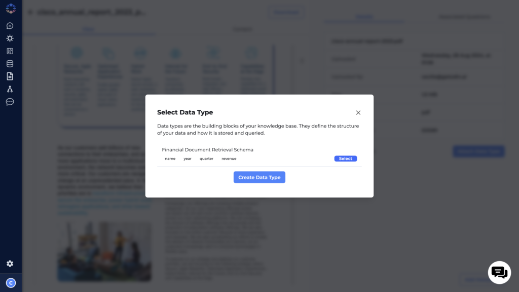 Odin AI platform displaying a prompt to select a financial document retrieval schema for structuring data within the knowledge base, including fields like name, year, quarter, and revenue.