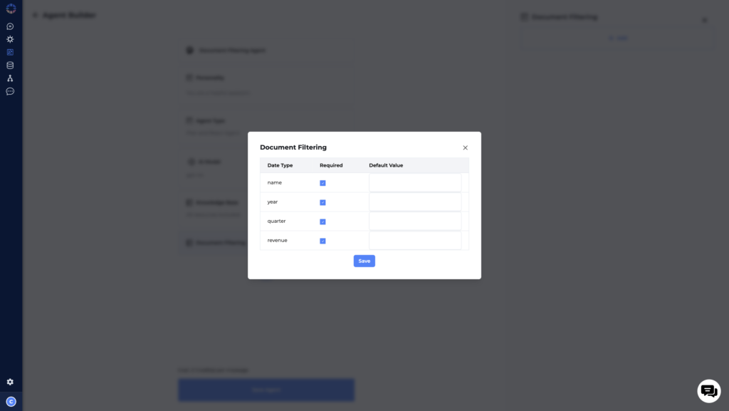 Odin AI document filtering interface showing required fields for financial document retrieval, including name, year, quarter, and revenue.