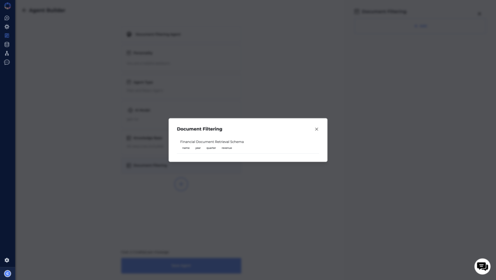 Odin AI Document Filtering Schema Selection interface for financial document retrieval with fields like name, year, quarter, and revenue.
