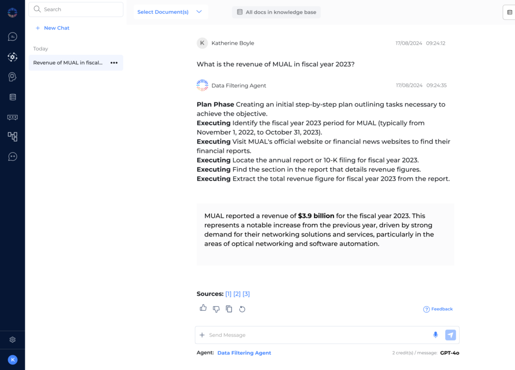 Odin AI displaying the financial revenue of MUAL for fiscal year 2023, with a reported revenue of $3.9 billion and highlights of their networking solutions and software automation growth.