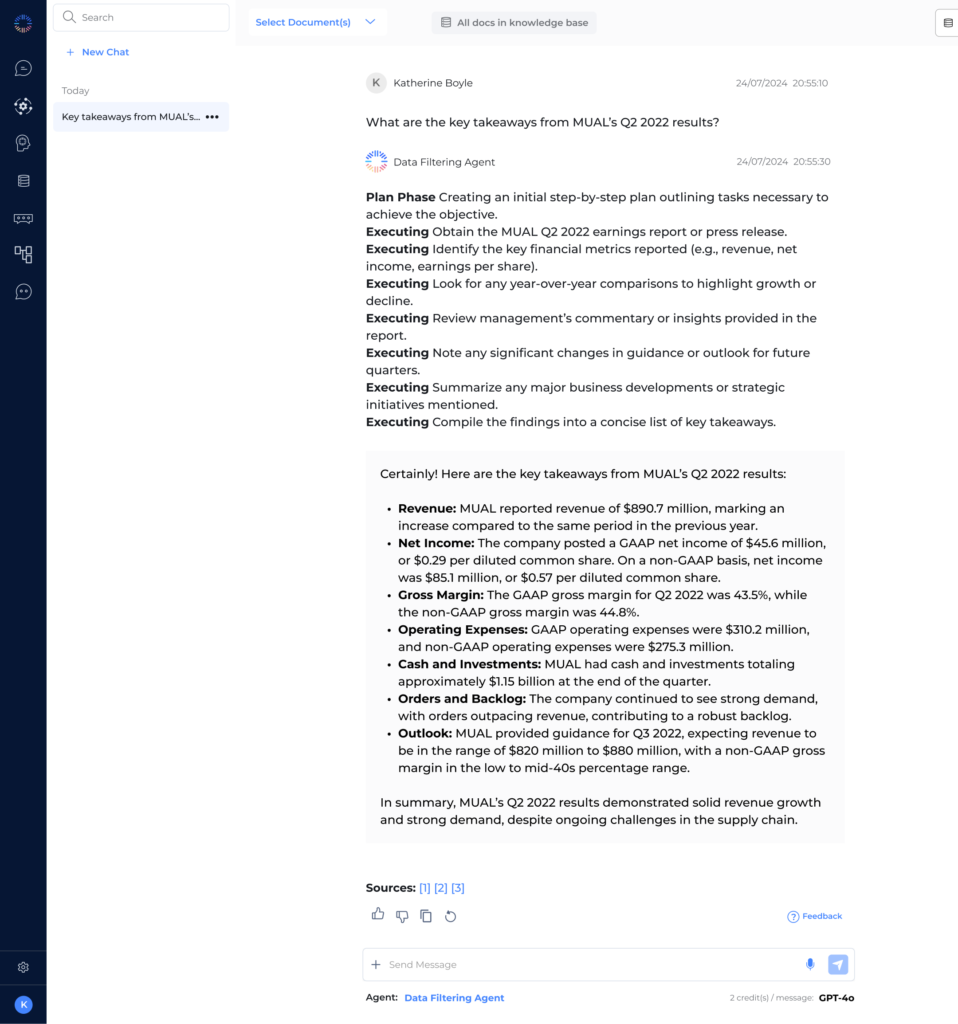 Odin AI showing key takeaways from MUAL's Q2 2022 results, including revenue, net income, gross margin, operating expenses, and company outlook for the upcoming quarters.