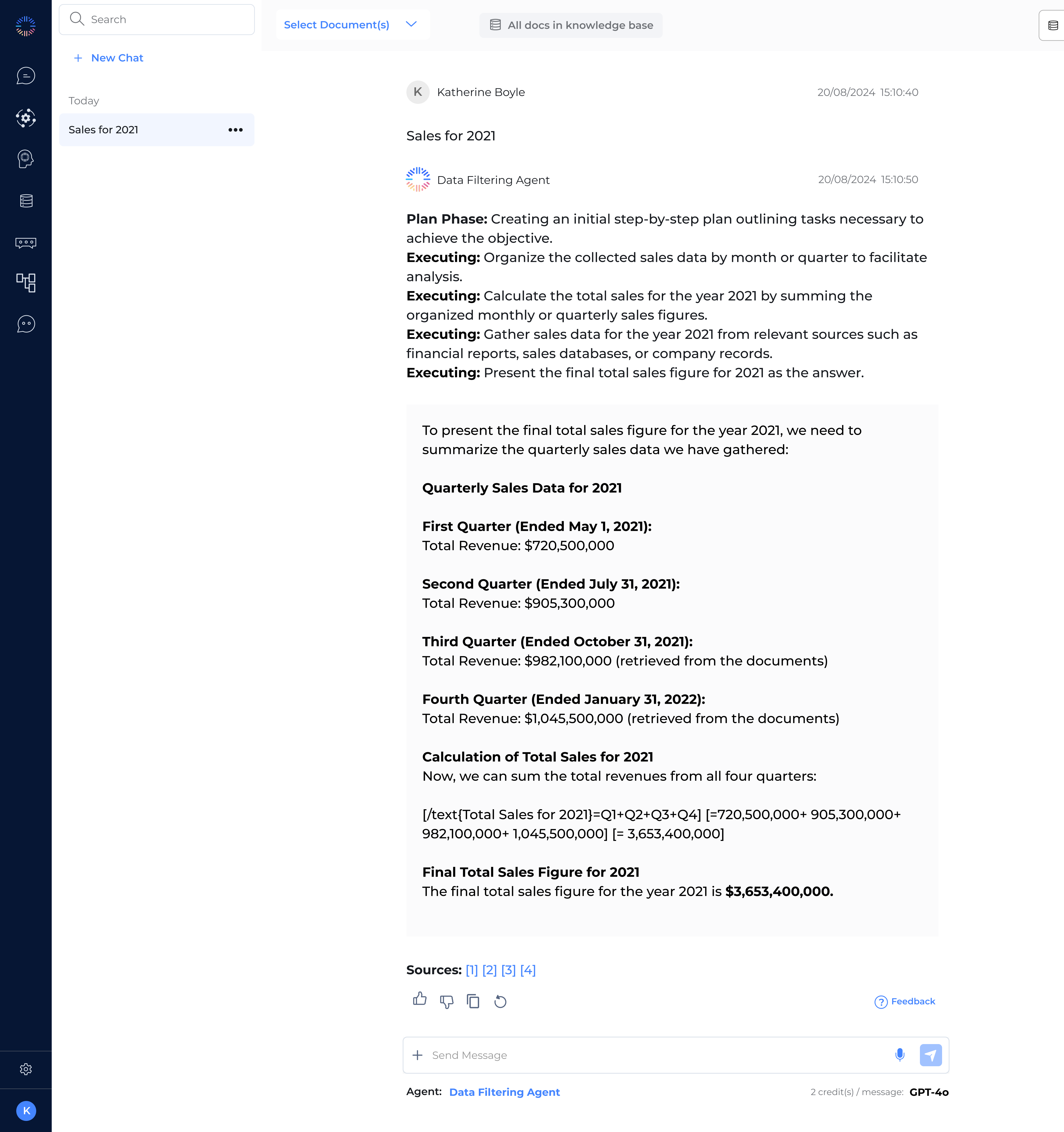 Odin AI interface showing data filtering results for quarterly sales in 2021, with a final calculation of total sales figures for the year.