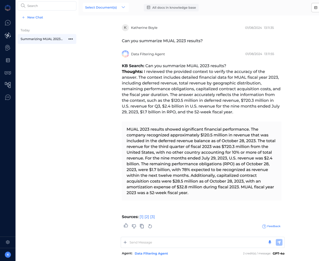 Odin AI interface displaying the summarization of MUAL 2023 financial results with detailed revenue, deferred revenue, and remaining performance obligations.