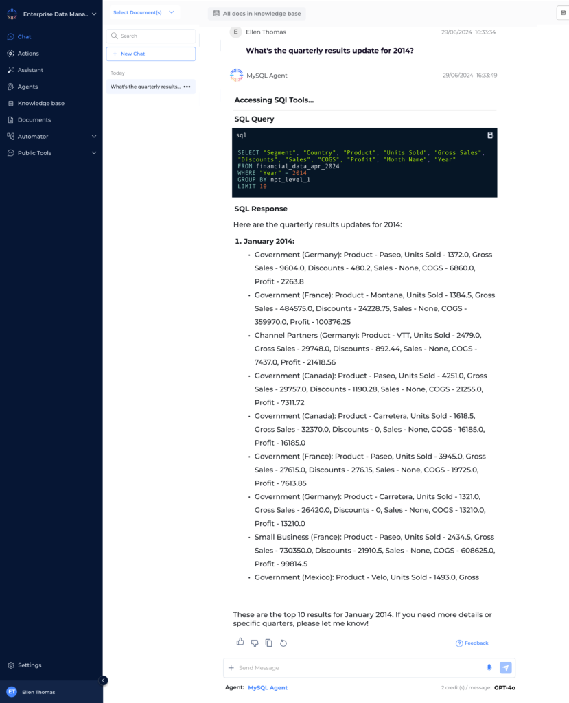Odin AI MySQL agent showing quarterly results for 2014 with a detailed SQL query and results for multiple countries, products, and sales metrics.