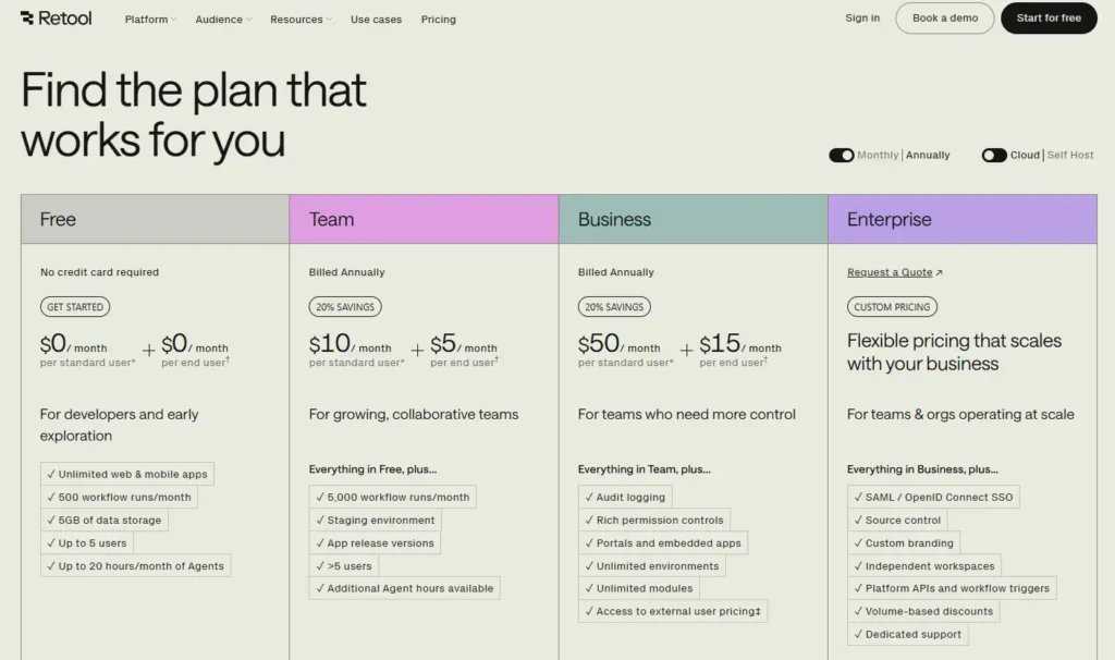 Retool’s pricing page