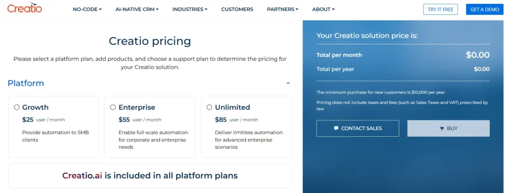 Creatio’s pricing details