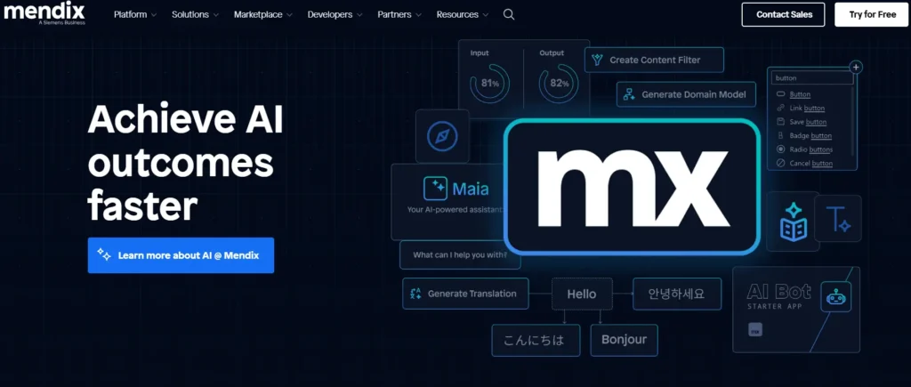The homepage of Mendix