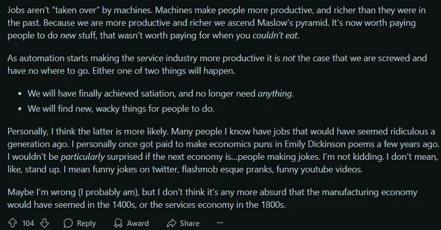 Reddit user pushed back against the growing fear that automation would eliminate jobs. 