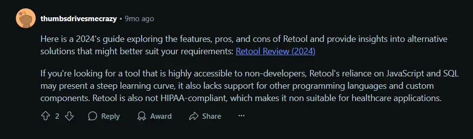  Reddit comment on Retool’s accessibility