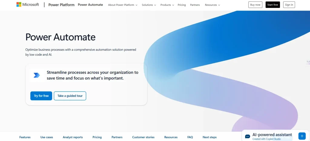 The Microsoft Power Automate landing page